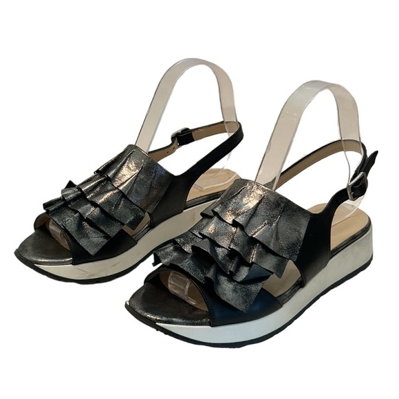 Michele Lopriore Milano Silver Ruffle Black Leather Sandals Platform US 6.5 - Picture 1 of 7